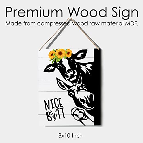 Rustic Wooden Bathroom Sign Decor - 10x8 Cow & Sunflower Art