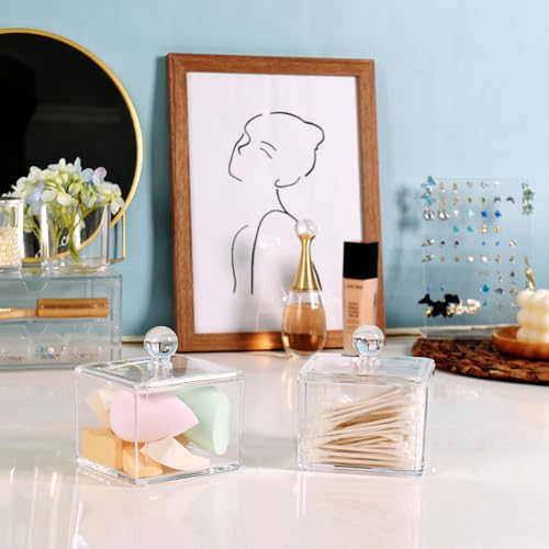 SheeChung Square Acrylic Qtip Holder 2 Pack - Transparent Canisters