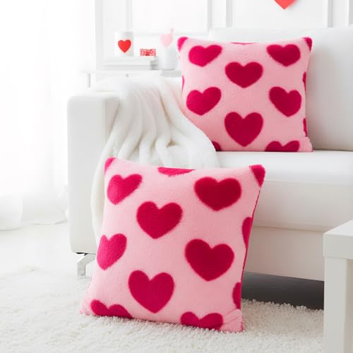 Tiggell Valentine Heart Throw Pillow Covers 18x18 Inch - Pink & Rose Red (2 Pack)