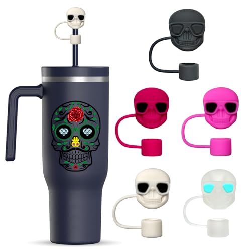 5-Pack Skull Straw Toppers for Stanley Cup 30 & 40 Oz - Silicone Halloween Accessories