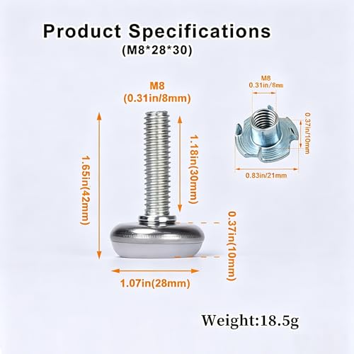 Norjiagu Heavy Duty Adjustable Furniture Levelers M8x28x30mm 12 Pack for Chairs Tables Cabinets