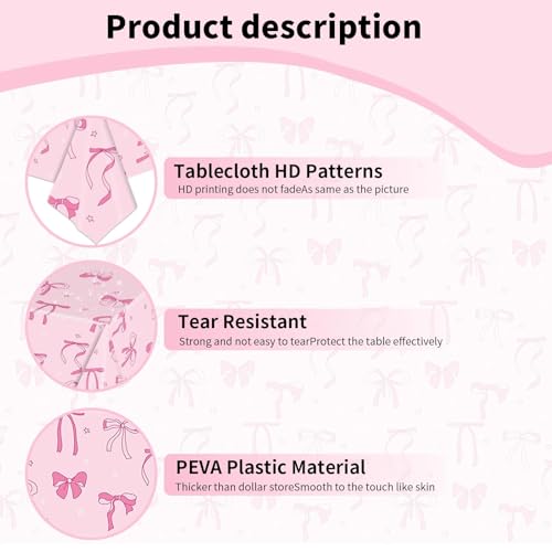 Coquette Pink Bow Disposable Plastic Tablecloth 108x54 Inch