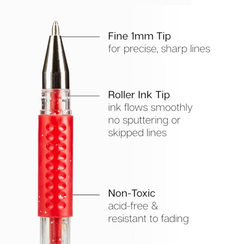 KINGART Comfort Grip Gel Pens Set - 12 Glitter Colors, 1.0mm Tip