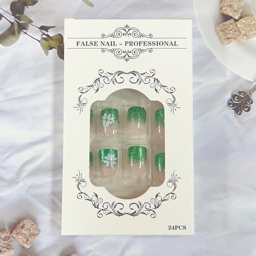 St. Patrick's Day Short Square Green French Tip Press on Nails with Clover