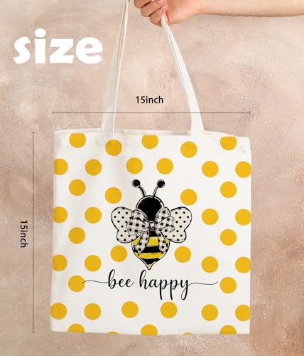 Bee Happy Canvas Tote Bag - Inspirational Reusable Grocery Bag