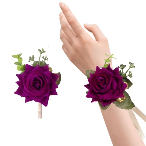 Purple Velvet Wrist Corsage & Boutonniere Set for Weddings