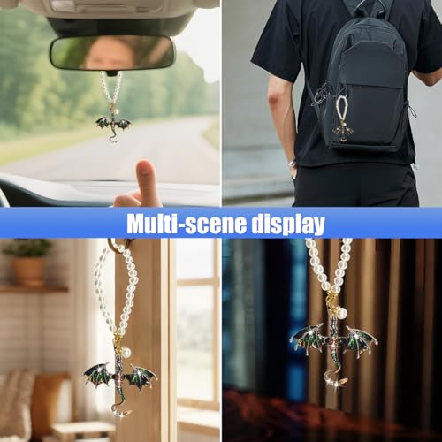 Bling Dragon Car Rear View Mirror Charm - Fantasy Rhinestone Hanging Pendant