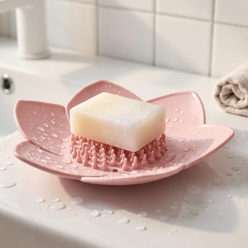 Pink Silicone Self-Draining Soap Dish - Lotus Shower Tray