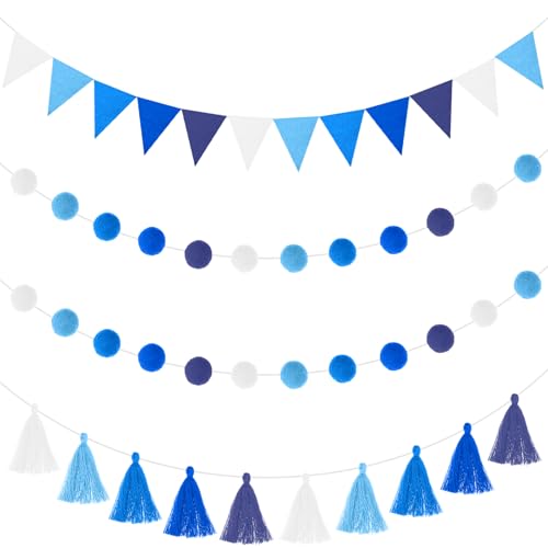 Irenare Blue Pom Pom Garland - 4 Pcs, 9.8 ft Classroom Decor