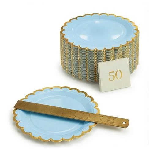 Blue Paper Plates with Gold Scalloped Rim - 7" | 50 Pack