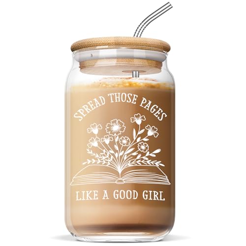 Book Flower Glass Cup 16oz - Book Lovers Gift with Bamboo Lid & Straw