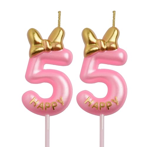 55th Birthday Candle with Pink Bow & Gold Happy Font