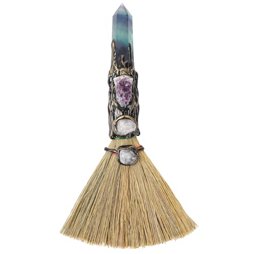 RENEMEGO Fluorite Witchcraft Broom - Wiccan Decor with Healing Crystals
