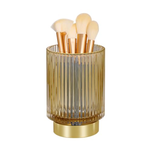 Large Amber Glass Makeup Brush Holder Organizer for Vanity & Countertop
