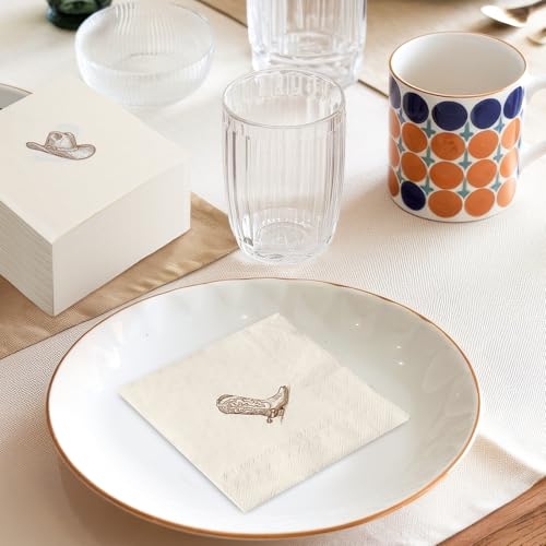 Whaline Western Cowboy Cocktail Napkins - 50 Pcs, Brown Boot & Hat Design