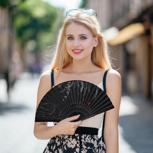 Jmkcoz 2-Pack Handheld Folding Fans - Silk Bamboo Floral with Tassel (Black & Red)