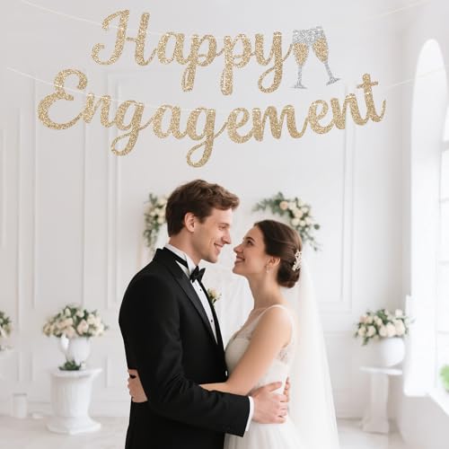 Pre-Strung Happy Engagement Banner - Gold Glitter Party Decoration