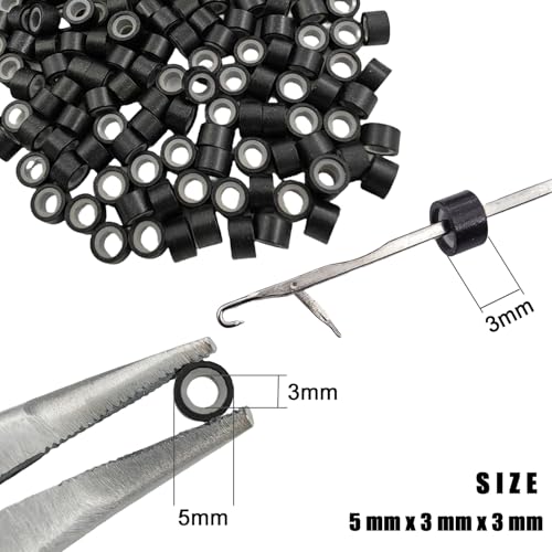 Aouuhe 500 Pcs Silicone Lined Micro Link Rings Beads for Hair Extensions 5mm Black