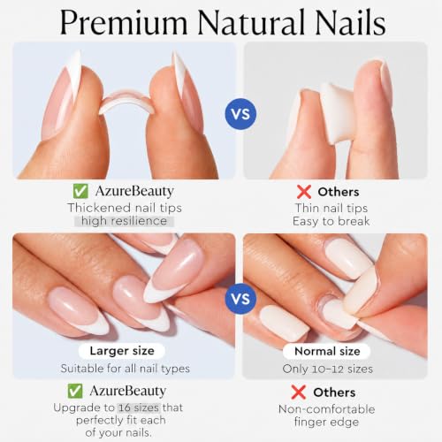 AzureBeauty White French Tip Short Almond Press On Nails, 32 Pcs