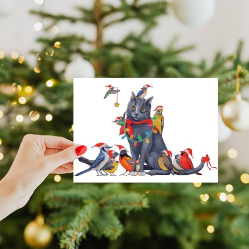Whimsical Bird and Cat Christmas Cards - Eco-Friendly Recycled 10 Pack