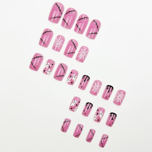 Sutaozhi 24Pcs Pink Halloween Ghost Press On Nails Medium Square False Nails