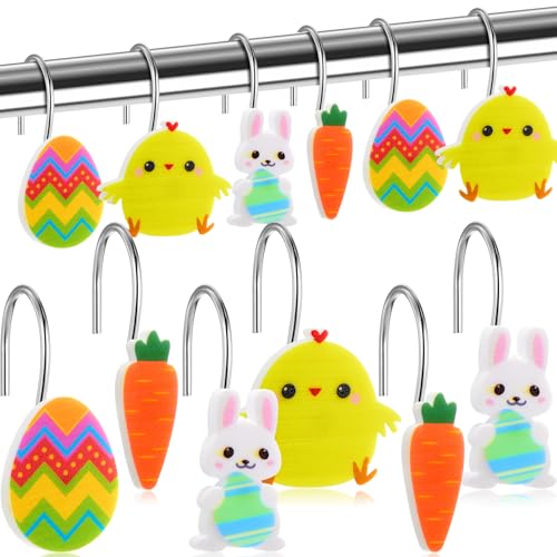 Yungyan 12 Pcs Easter Shower Curtain Hooks - Bunny, Chick & Egg Designs