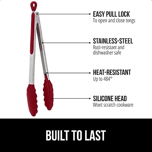 Gorilla Grip Kitchen Tongs Set, 9" & 12" Stainless Steel, Red