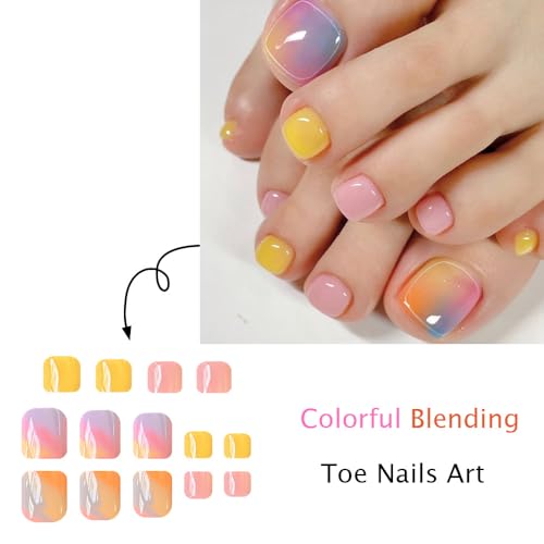 Press on Toenails Colorful Gradient Short Square Fake Toenails Glossy Acrylic Toe Nails 24 Pcs