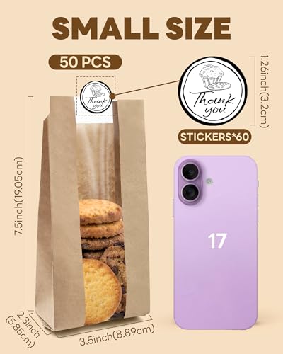 50 PCS Small Kraft Paper Cookie Bags with Seal - 3.5" x 2.3" x 7.5"