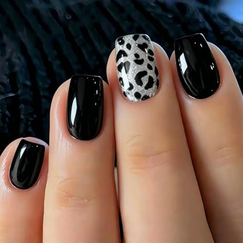 Black Press on Nails Short Square False Nails with White Glitter and Leopard Print