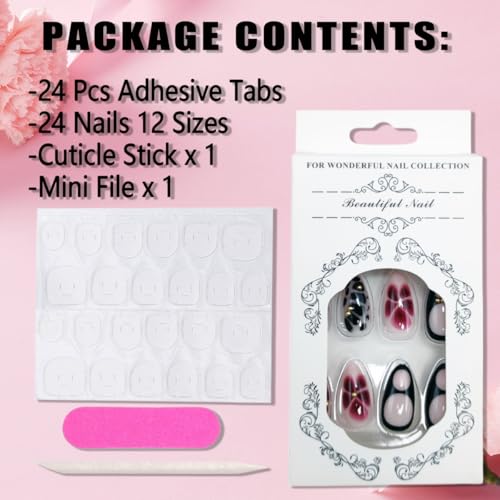 KTAABTR Short Press on Nails Almond Floral Leopard Fake Nails Set 24 Pcs