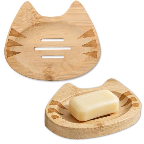LIKEYO Cat Bamboo Soap Dish Self Draining for Shower & Bathroom