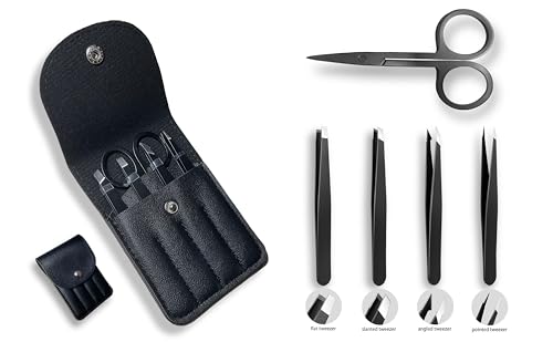 5-Piece Professional Stainless Steel Eyebrow Tweezers Set with Leather Case