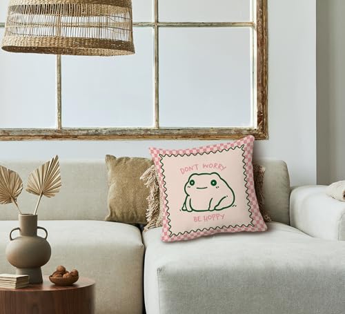 Huester Pink Checkered Frog Throw Pillow Cover, 18x18 Soft Corduroy Case