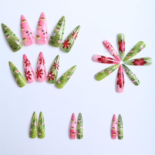 Press on Nails Medium Almond French Tip 3D Flowers 24pcs