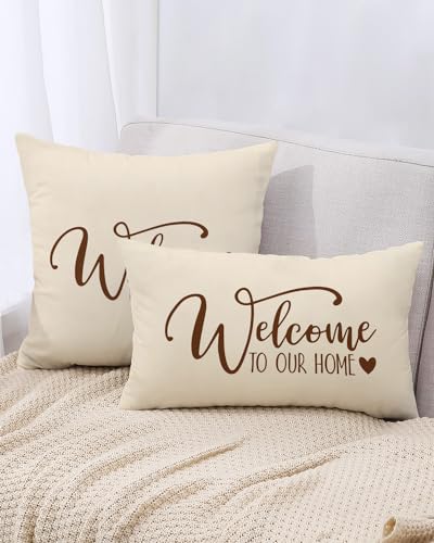 PreLiving Beige 20x12 Inch Farmhouse Welcome Pillow Cover - Rustic Lumbar Cushion Case