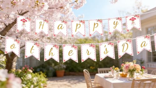 Happy Mother's Day Floral Banner with Gold Glitter Letters