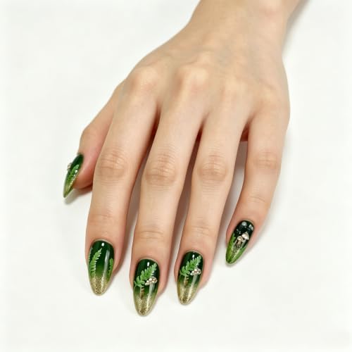 Green Glitter Mushroom Press on Nails Medium Almond Fake Nails 24pcs
