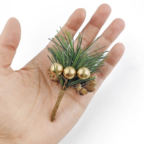 Artificial Pine Picks with Gold Berries and Pinecones - Christmas Decor, 25 Pack