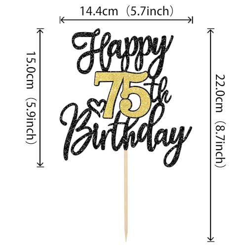 Happy 75th Birthday Cake Topper - Black Gold Glitter Decoration