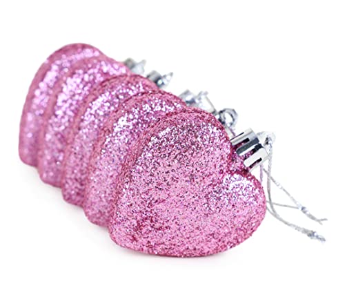 Baby Pink Glitter Heart Christmas Tree Ornaments - 8 Pack