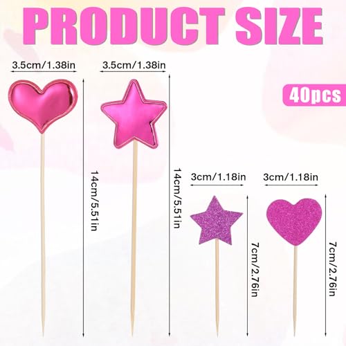 40 Pcs Colorful Heart and Star Cupcake Toppers for Parties