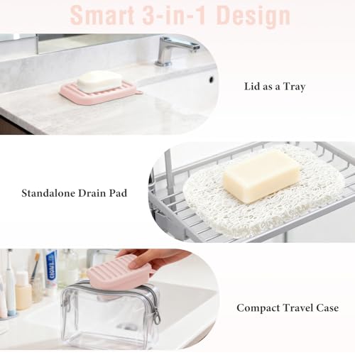 Pink Silicone Travel Soap Case with Lid & Drain Tray - Leakproof