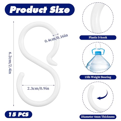 15 Pcs White Plastic S Hooks - Durable & Rust-Free Hanging Solution