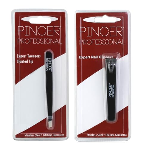 Pincer Professional Stainless Steel Grooming Set with Slanted Tweezers and Nail Clippers