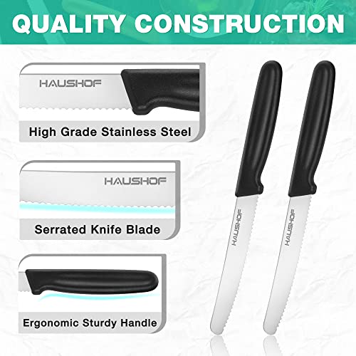 HAUSHOF Serrated Steak Knife Set - 6 Piece Stainless Steel, Black Handle