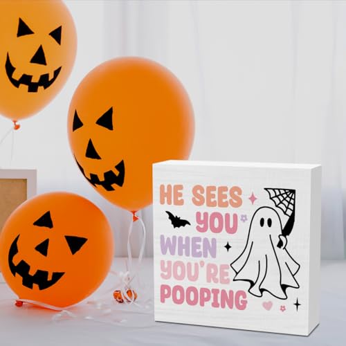 Cute Pink Ghost Pooping Halloween Decor - 5x5 Wooden Sign