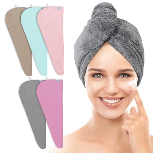 TENSTARS Microfiber Hair Towel Wrap - Quick Dry 5 Pack for All Hair Types