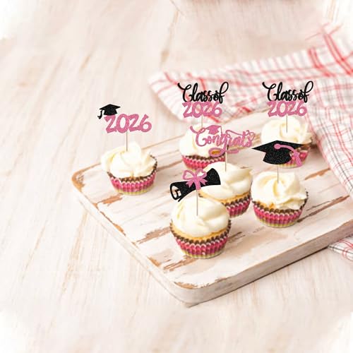 30 PCS Pink Glitter 2026 Graduation Cupcake Toppers Diploma Cap Picks