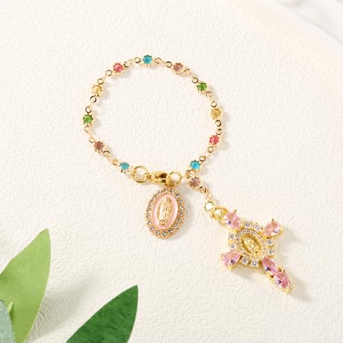 Virgen De Guadalupe Car Charm - Gold-Pink Cross Pendant Decor